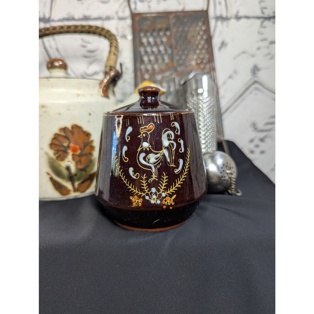 Vintage Moriage Redware Sugar Bowl w/ Handpainted Rooster Motif, MCM, Pre-Owned